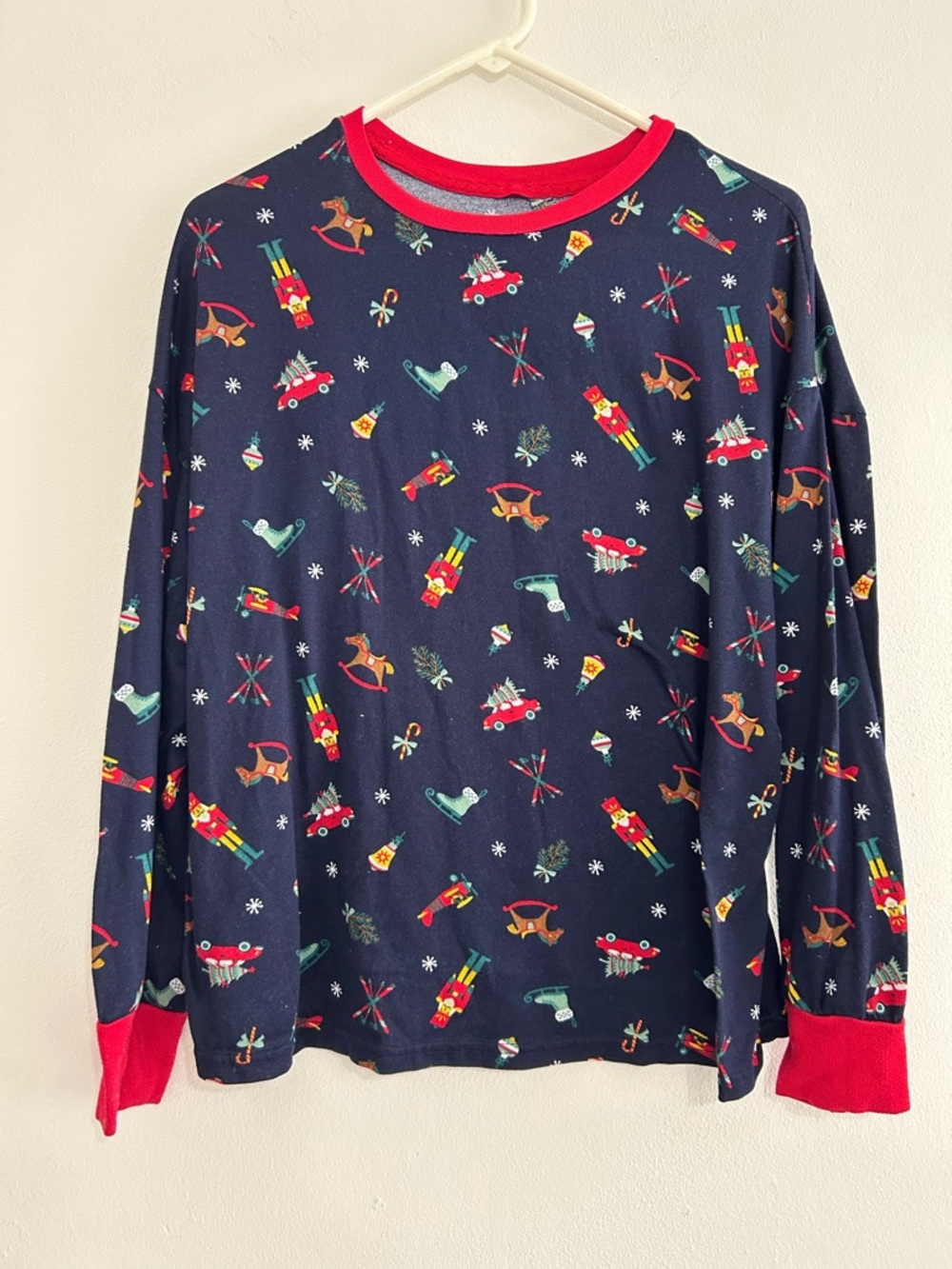 Bundle: Two matching Navy Holiday Print Long-Sleeve with Red Trim PJ Sets